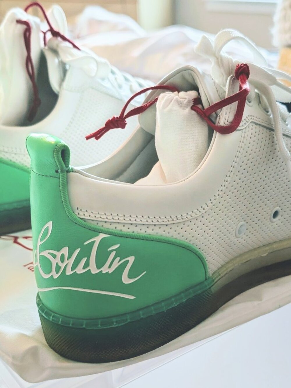 Christian Louboutin White Leather Sneakers w/ Neon Green Heel Tab